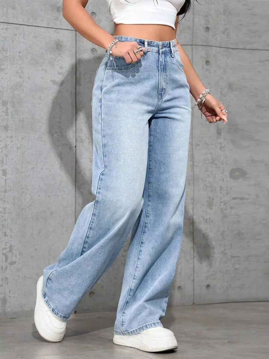 Pantalones vaqueros casuales y versátiles de tiro alto