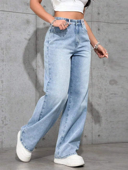 Pantalones vaqueros casuales y versátiles de tiro alto