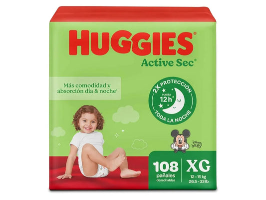 Pañales Huggies Active Etapa 4/XG Xtra-Flex, 12-15kg, Edición Limitada Disney - 108Uds